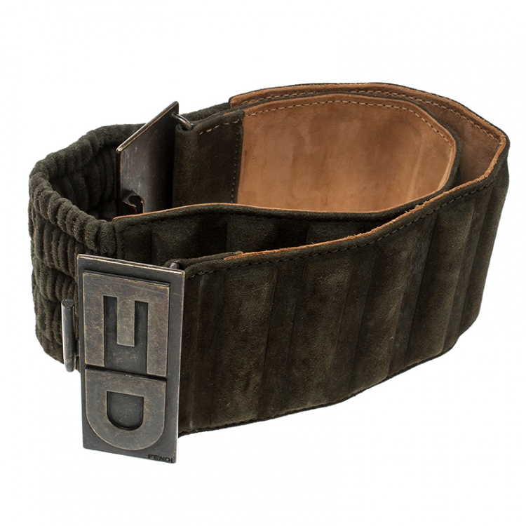 Pre Owned Fendi Olive Green Suede Wide Elastic Belt 65cm