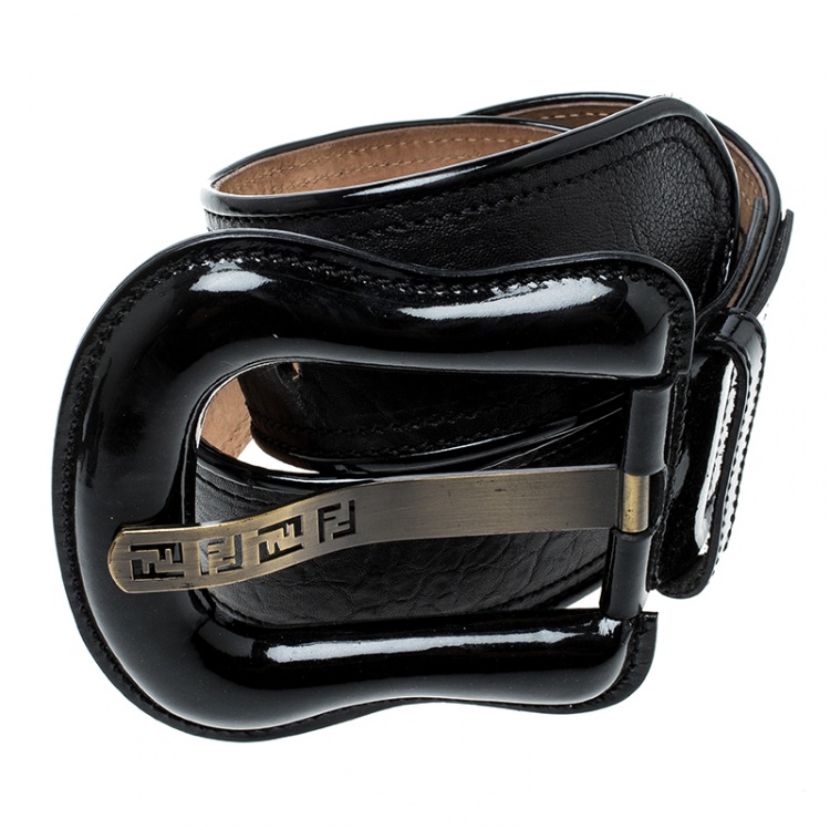 Pre Owned Fendi Black Leather and Patent Leather Waist B Buckle Belt 75cm