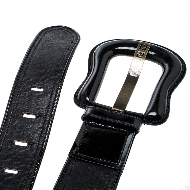 Pre Owned Fendi Black Leather and Patent Leather Waist B Buckle Belt 75cm