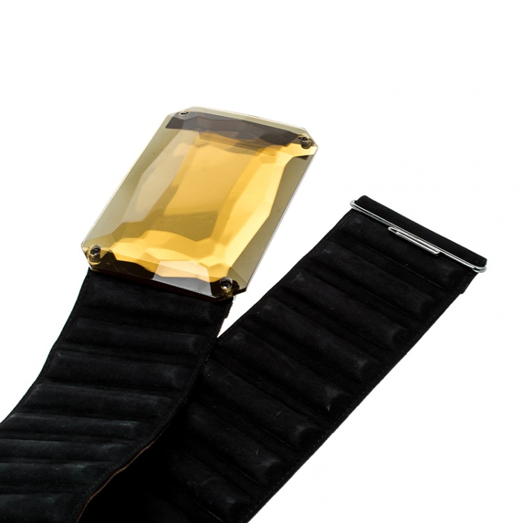 Pre Owned Fendi Black Suede Crystal Wide Elastic Belt 85cm