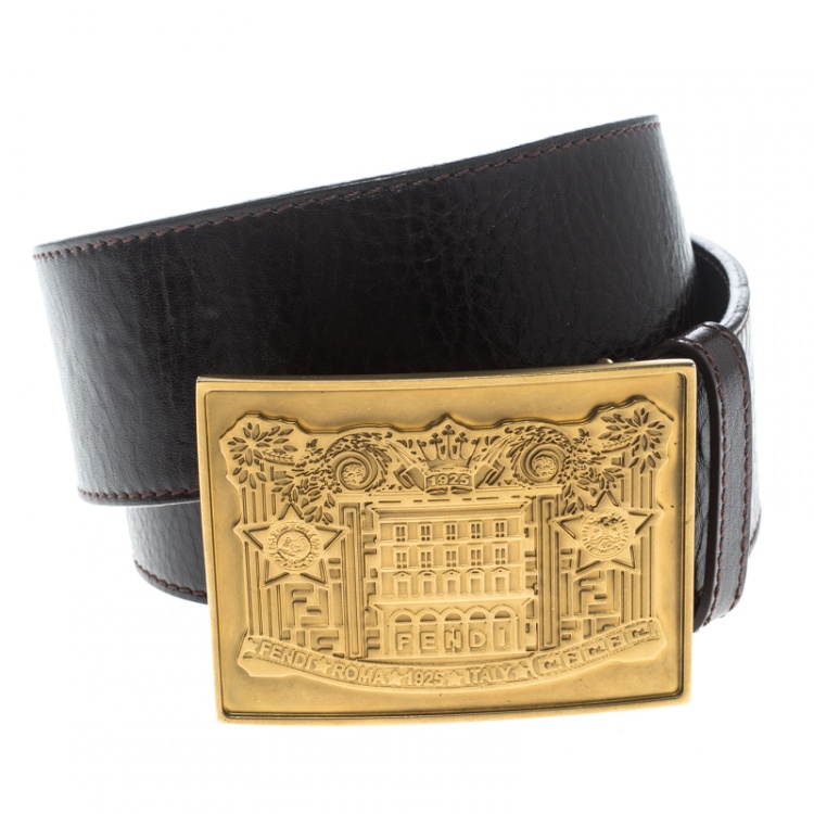 Pre Owned Fendi Brown Leather Plaque Belt 80cm