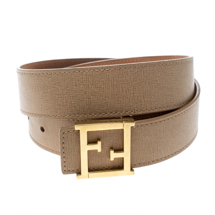 Pre Owned Fendi Beige Saffiano Leather Logo Buckle Belt 80cm