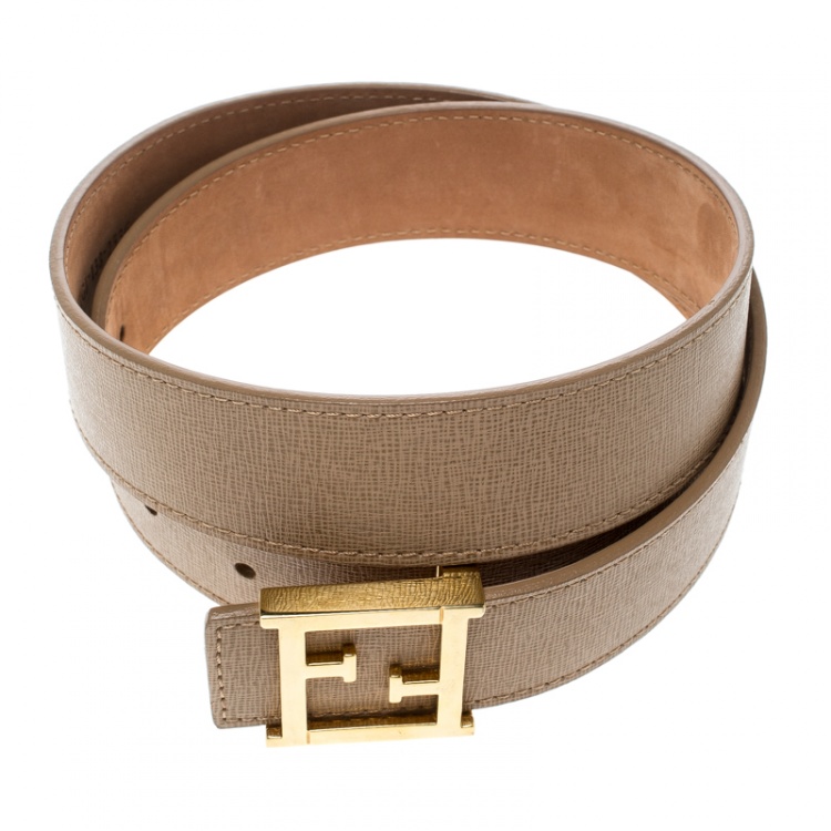 Pre Owned Fendi Beige Saffiano Leather Logo Buckle Belt 80cm