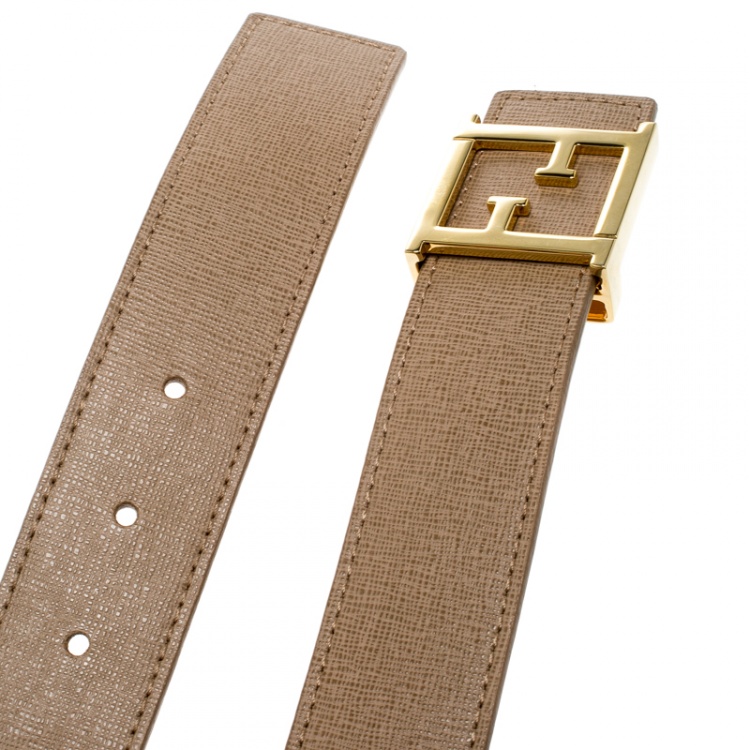 Pre Owned Fendi Beige Saffiano Leather Logo Buckle Belt 80cm
