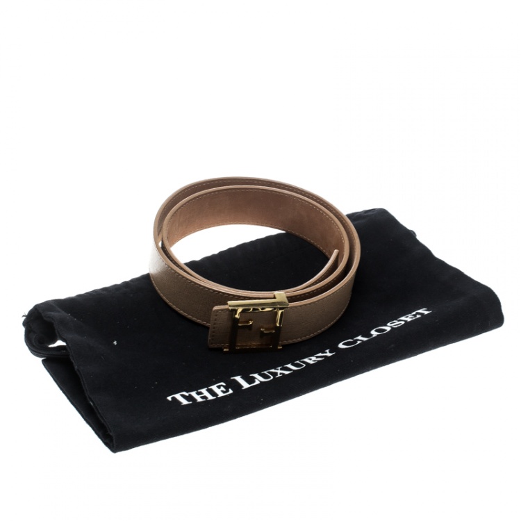 Pre Owned Fendi Beige Saffiano Leather Logo Buckle Belt 80cm