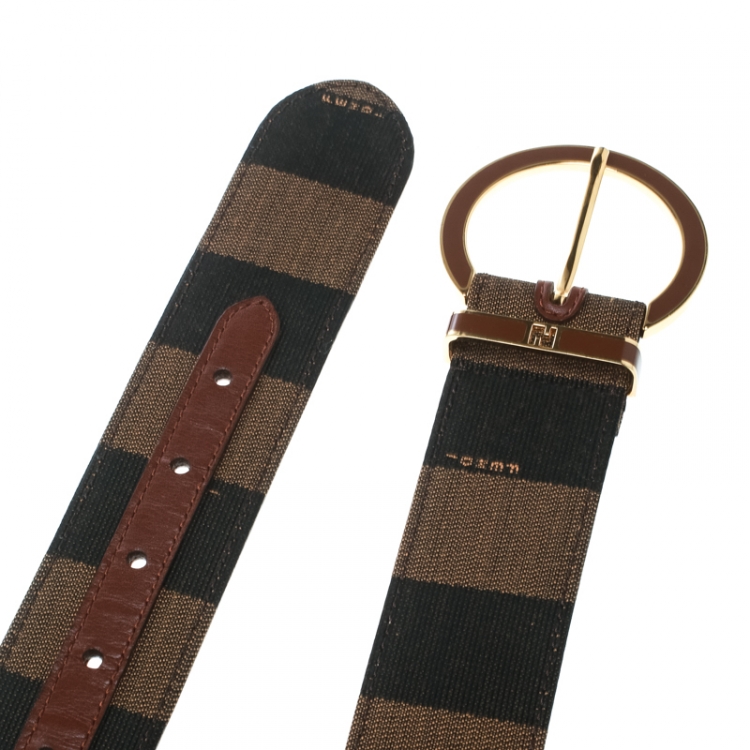 Pre Owned Fendi Brown Stripped Canvas Round Buckle Belt Size 90