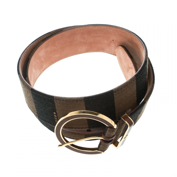 Pre Owned Fendi Brown Stripped Canvas Round Buckle Belt Size 90