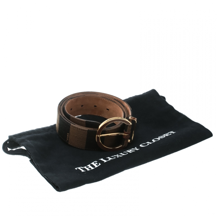 Pre Owned Fendi Brown Stripped Canvas Round Buckle Belt Size 90
