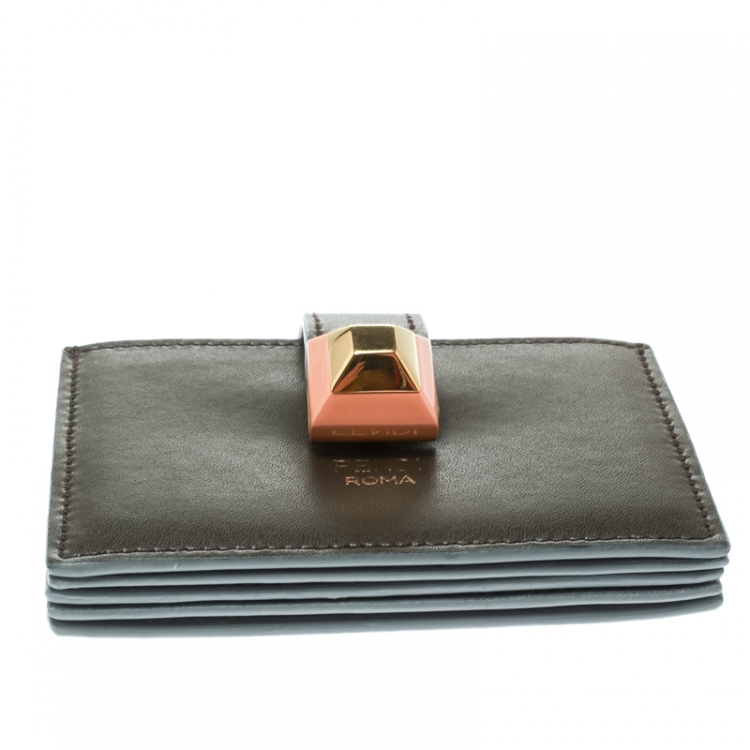 Pre Owned Fendi Brown Leather Single Stud Multiple Card Holder