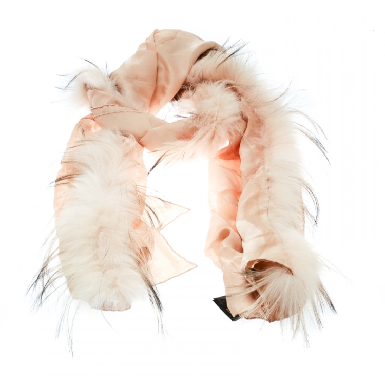 Pre Owned Fendi Beige Silk Fox Fur Trim Detail Stole