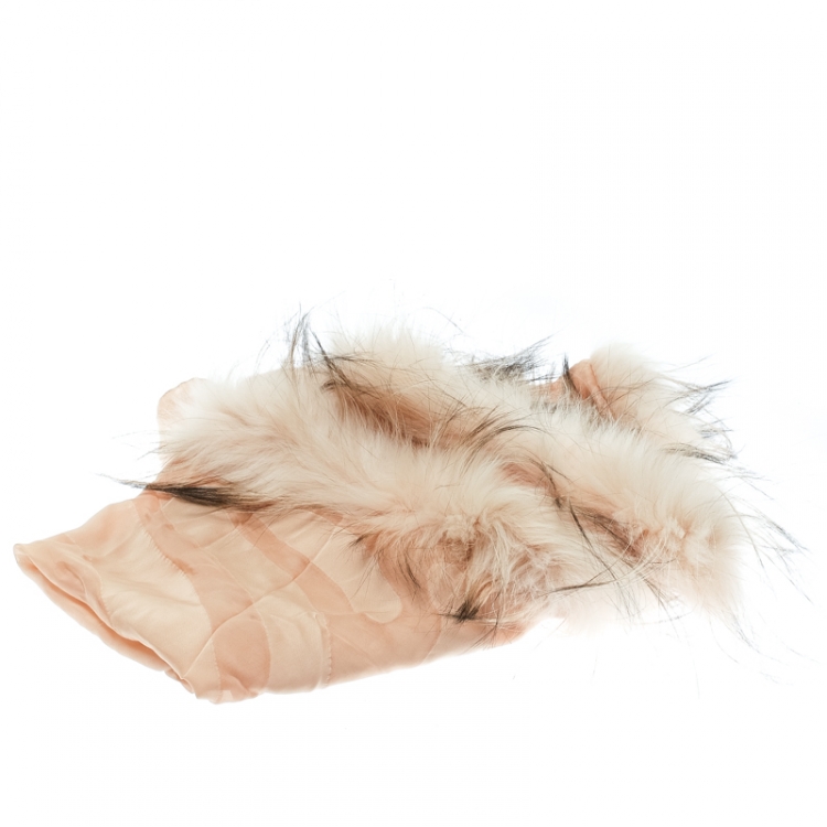Pre Owned Fendi Beige Silk Fox Fur Trim Detail Stole