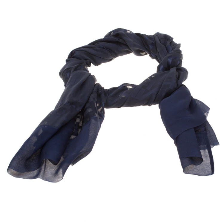 Pre Owned Fendi Navy Blue Silk Blend Logo Pattern Burnout Chiffon Jacquard Scarf