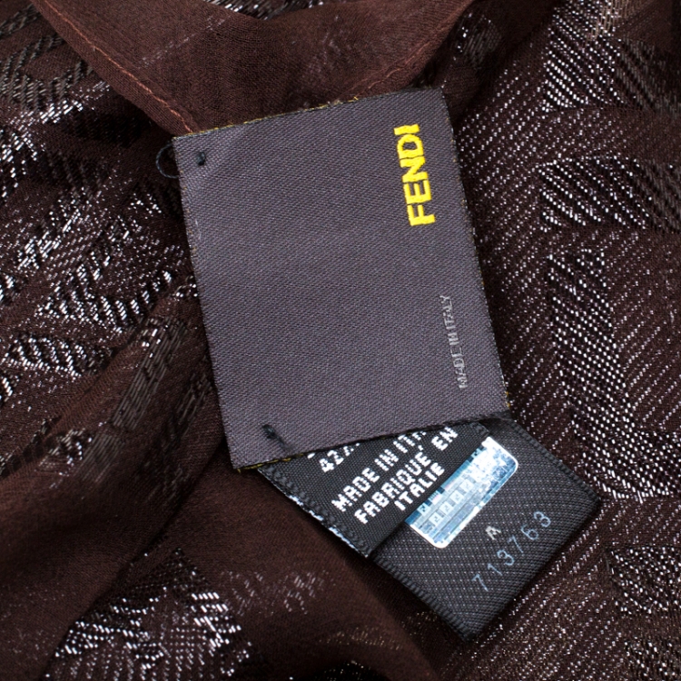 Pre Owned Fendi Brown Silk and Lurex Blend Zucca Logo Pattern Chiffon Jacquard Scarf