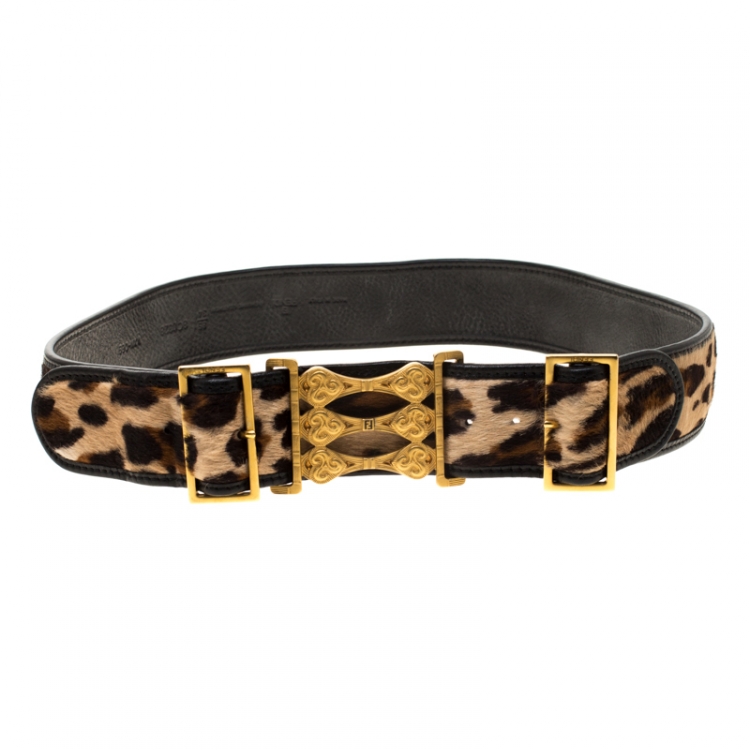Pre Owned Fendi Beige Leopard Print Pony Hair Adjustable Belt Size 85 CM