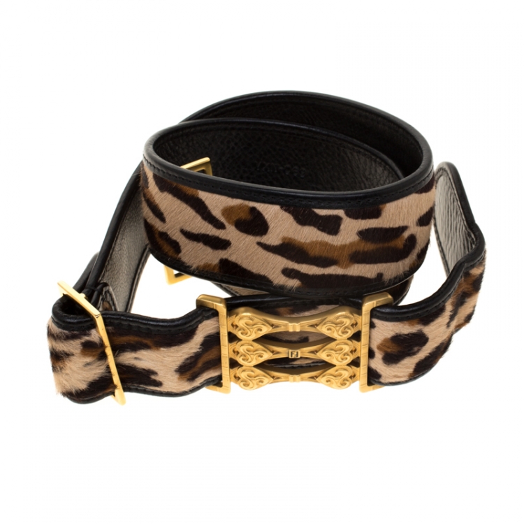 Pre Owned Fendi Beige Leopard Print Pony Hair Adjustable Belt Size 85 CM