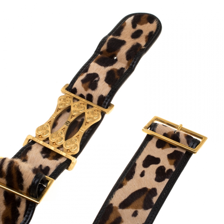 Pre Owned Fendi Beige Leopard Print Pony Hair Adjustable Belt Size 85 CM