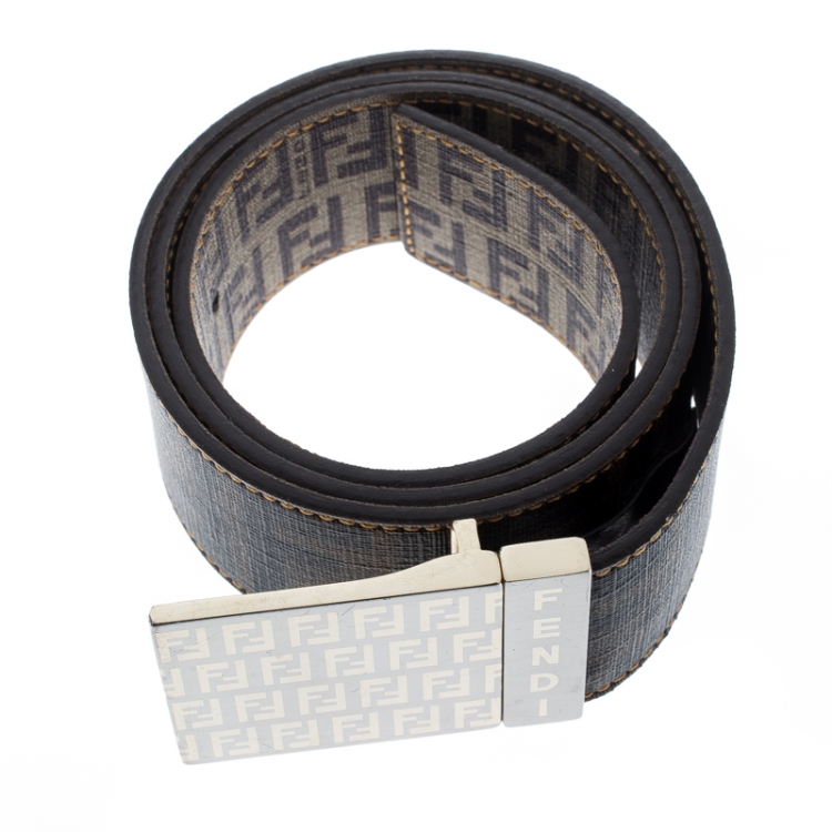 Pre Owned Fendi Tobacco Zucca Coated Canvas Reversible Buckle Belt 90 CM