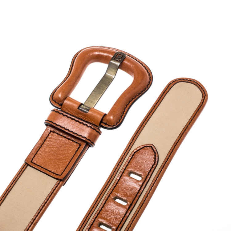Pre Owned Fendi Beige/Brown Fabric and Leather B Buckle Belt 85CM