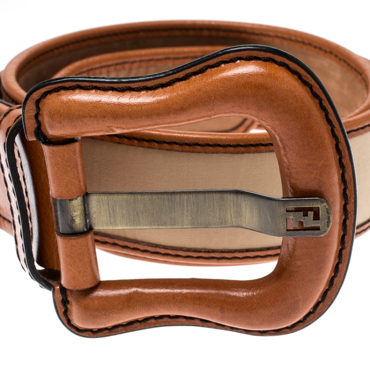 Pre Owned Fendi Beige/Brown Fabric and Leather B Buckle Belt 85CM