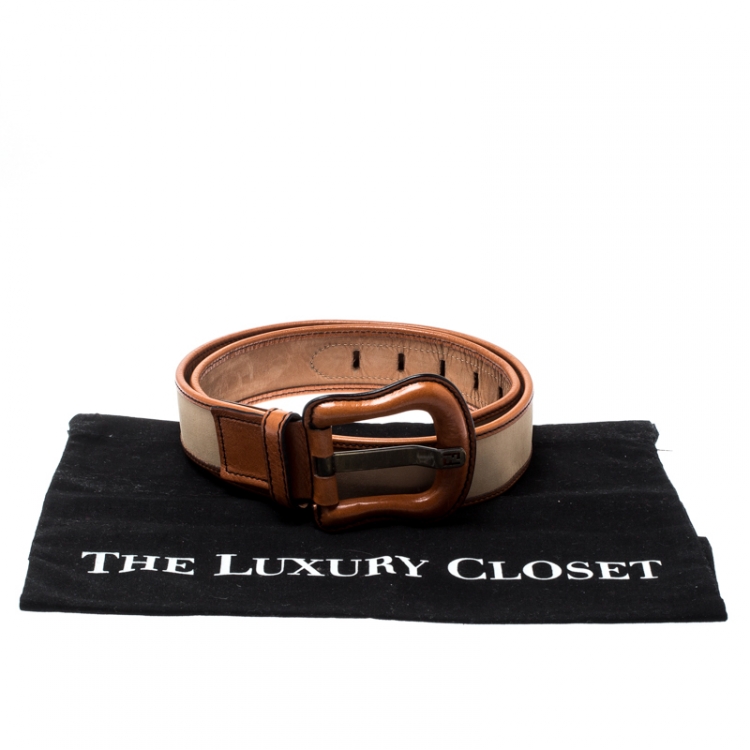 Pre Owned Fendi Beige/Brown Fabric and Leather B Buckle Belt 85CM