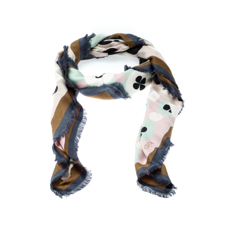 Pre Owned Fendi Multicolor Flowers Print Silk and Wool Fringed Edge Shawl