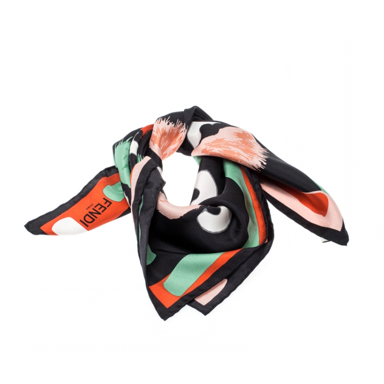 Pre Owned Fendi Multicolor Abstract Pom Pom Printed Silk Square Scarf