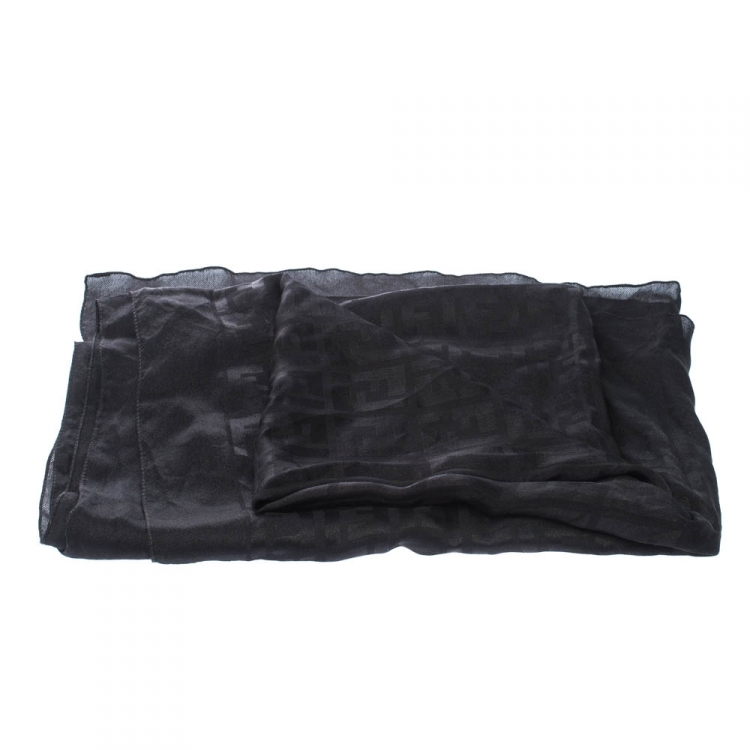 Pre Owned Fendi Black Zucca Monogram Silk Chiffon Scarf 
