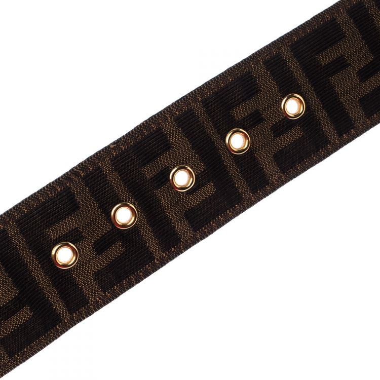 Pre Owned Fendi Tobacco Zucca Canvas and Leather Round Buckle Belt 90CM