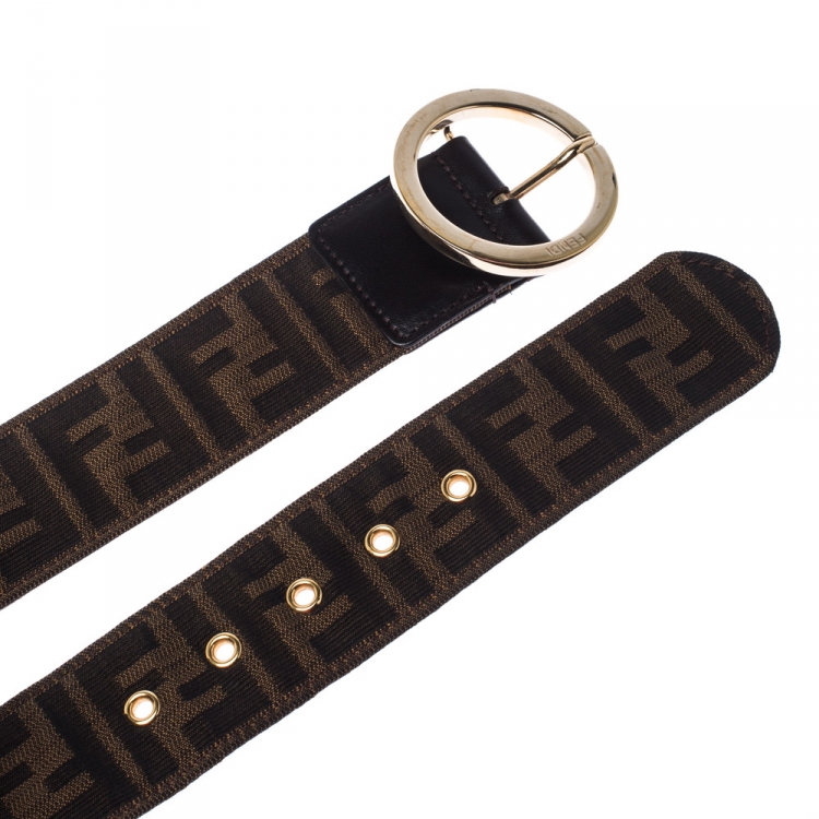 Pre Owned Fendi Tobacco Zucca Canvas and Leather Round Buckle Belt 90CM