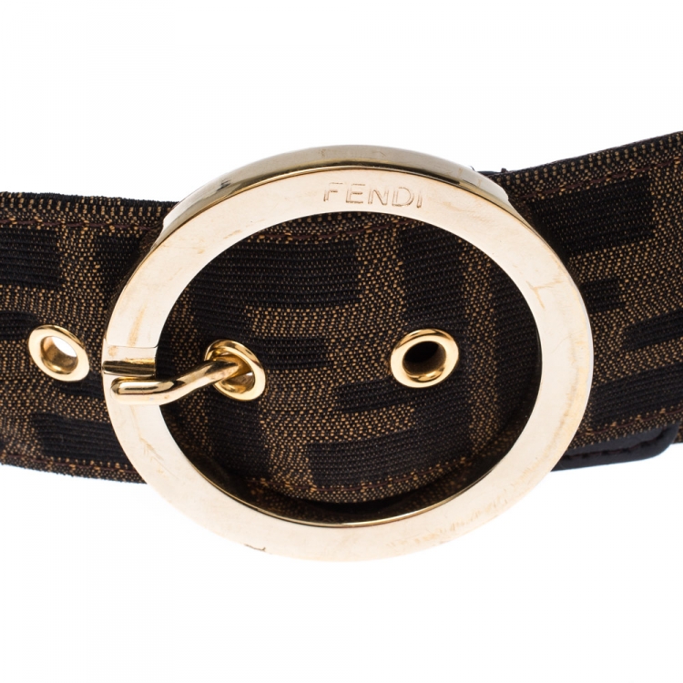 Pre Owned Fendi Tobacco Zucca Canvas and Leather Round Buckle Belt 90CM
