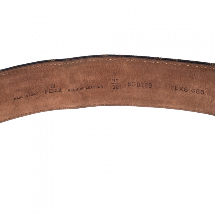 Pre Owned Fendi Tobacco Zucca Canvas and Leather Round Buckle Belt 90CM