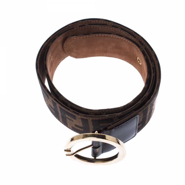Pre Owned Fendi Tobacco Zucca Canvas and Leather Round Buckle Belt 90CM