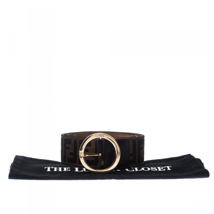 Pre Owned Fendi Tobacco Zucca Canvas and Leather Round Buckle Belt 90CM