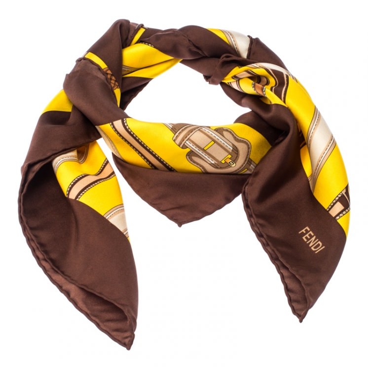 Pre Owned Fendi Yellow And Brown Belt Print Silk Foulard Scarf