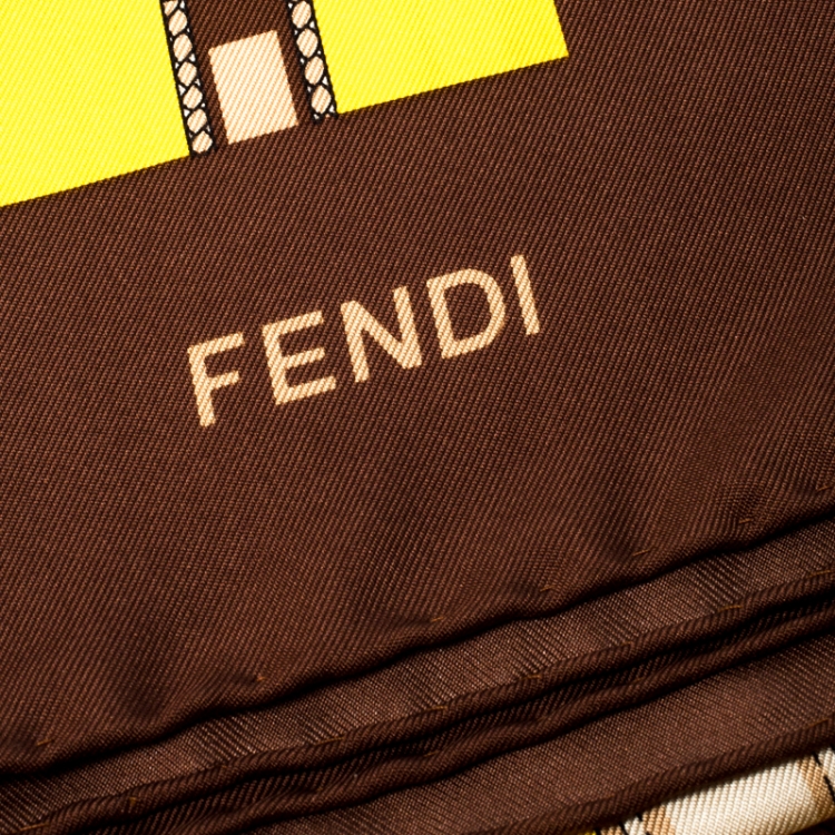 Pre Owned Fendi Yellow And Brown Belt Print Silk Foulard Scarf