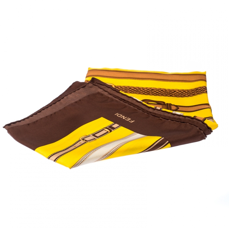 Pre Owned Fendi Yellow And Brown Belt Print Silk Foulard Scarf