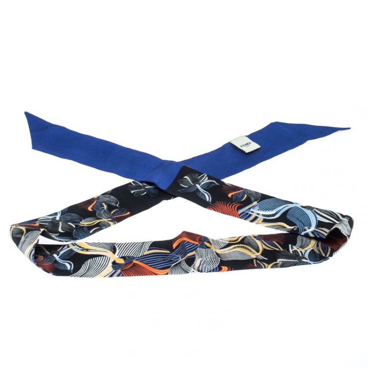 Pre Owned Fendi Blue Printed Silk Orchidea Blue Neon Bandeau Scarf