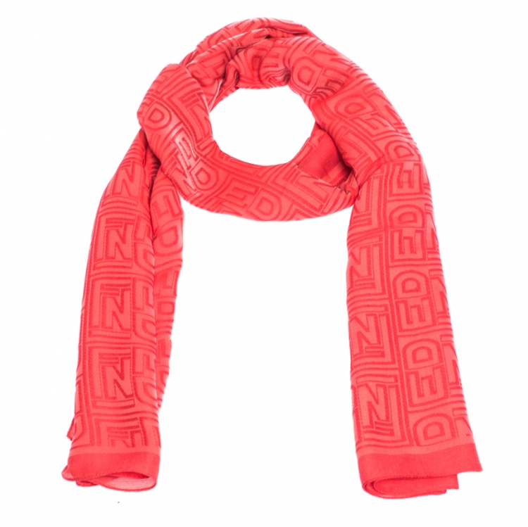 Pre Owned  Fendi Coral Red Logo Monogram Silk Stole 