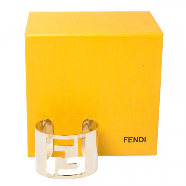 Pre Owned Fendi Gold Tone Zucca Logo Cuff Bracelet 
