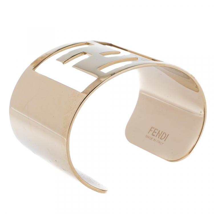 Pre Owned Fendi Gold Tone Zucca Logo Cuff Bracelet 