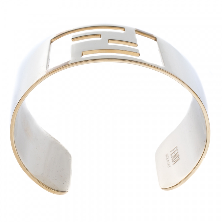 Pre Owned Fendi Gold Tone Zucca Logo Cuff Bracelet 