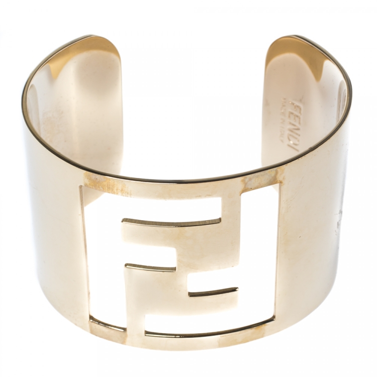Pre Owned Fendi Gold Tone Zucca Logo Cuff Bracelet 