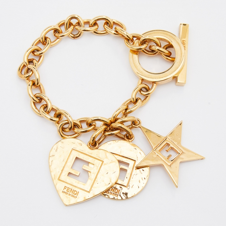 Pre Owned Fendi Gold Tone Heart Star Charm Chain Link Toggle Bracelet