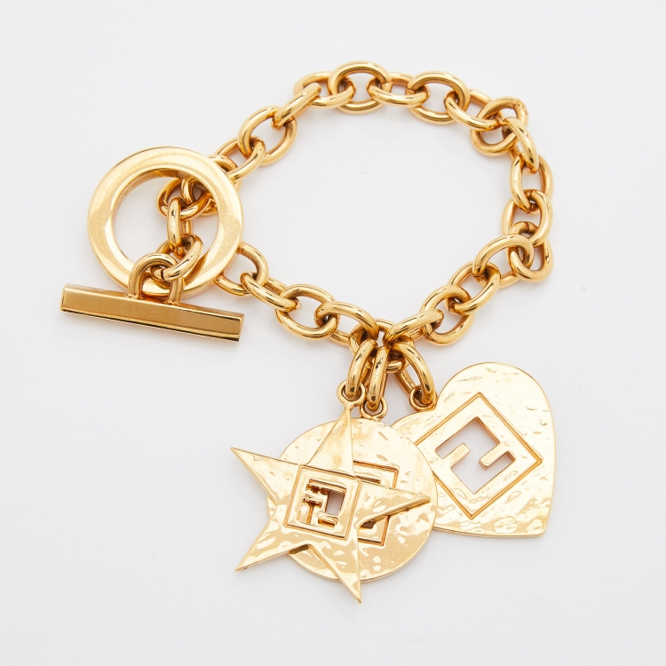 Pre Owned Fendi Gold Tone Heart Star Charm Chain Link Toggle Bracelet