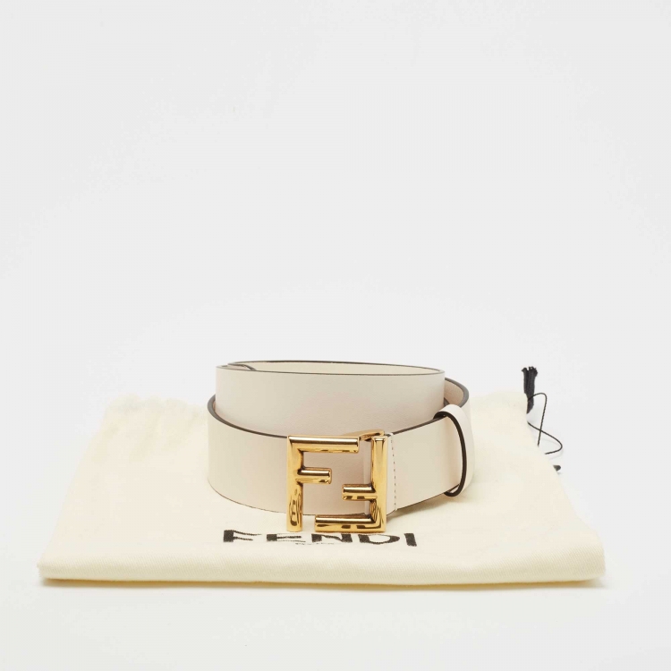 Pre Owned Fendi Off White Leather FF Logo Buckle Belt 85CM