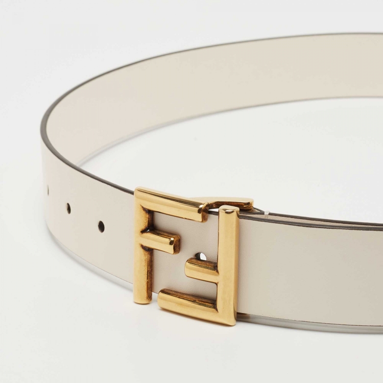 Pre Owned Fendi Off White Leather FF Logo Buckle Belt 85CM