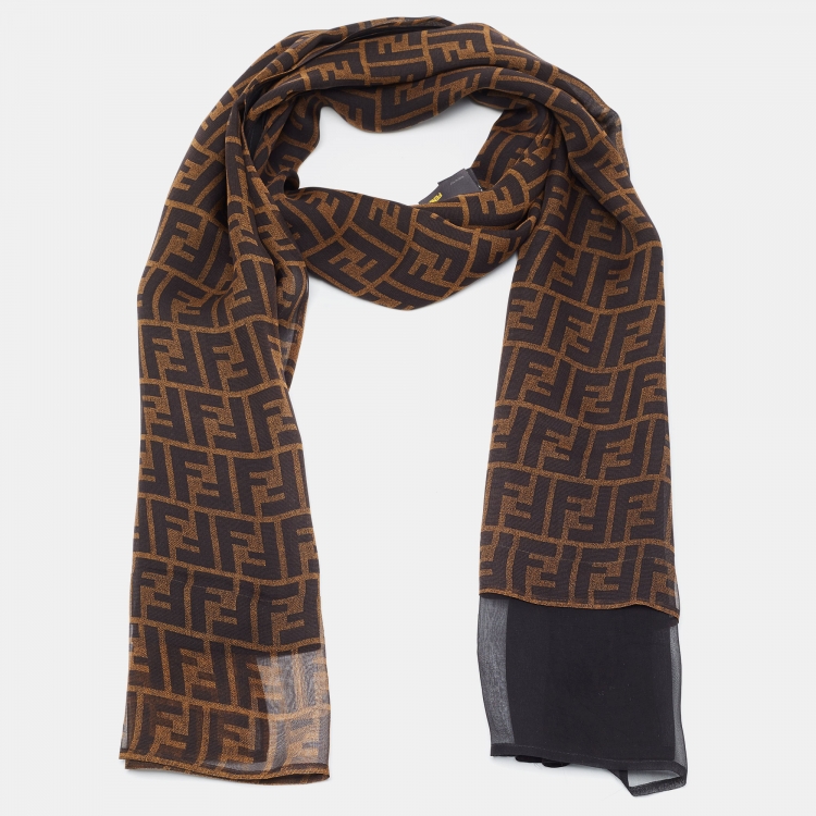Pre Owned Fendi Brown Zucca Silk Chiffon Layered Scarf