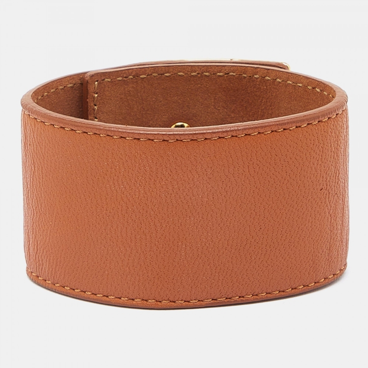 مملوكة مسبقًا Fendi Goldmine Brown Leather Gold Tone Wide Bracelet