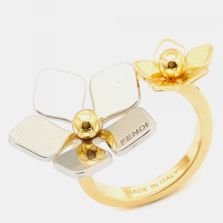 Pre Owned Fendi Two Tone Flower Motif Open Ring Size 52.5