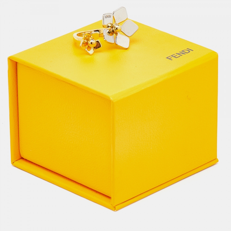 Pre Owned Fendi Two Tone Flower Motif Open Ring Size 52.5